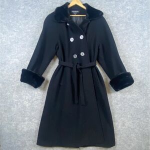 Donnybrook Vintage 100% Wool Coat Size 12 Black Double Breasted‎ Faux Fur Long